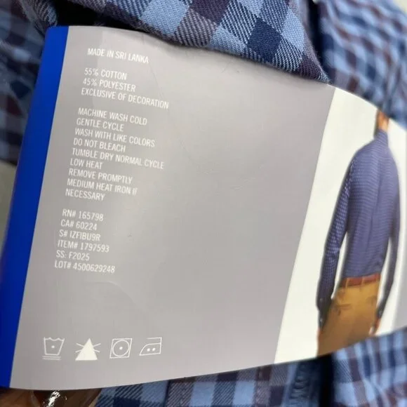 Izod Luxe Touch Men's L Modern Fit Blue Checkered Button-Up Dress Shirt M0429 - Picture 7 of 13